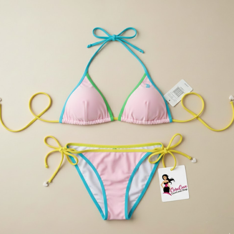 trendy bikini
tie side bikini
summer beachwear
pastel bikini set
halter neck bikini
cute bikini
colorblock swimwear
adjustable bikini set
2 piece swimsuit