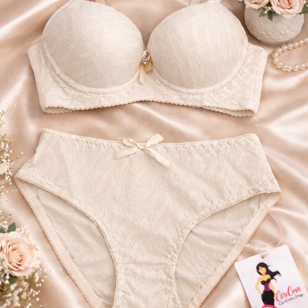 CareCove Cream Lace Bra & Panty Set – Soft Padded Everyday Comfort Lingerie