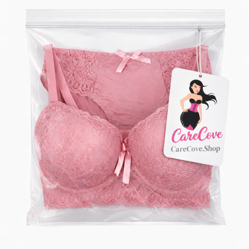 CareCove Premium Pink Lace Bra & Panty Set – Soft Net, Padded Cups