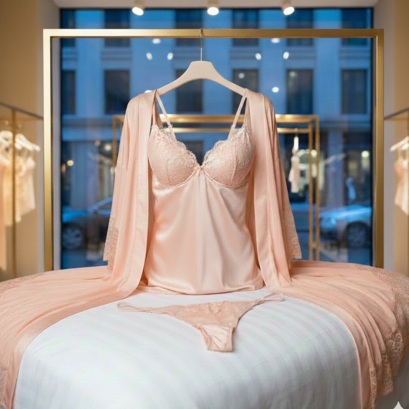Carecove Premium Satin Lace Babydoll with Robe & Panty – Romantic Nightwear Set