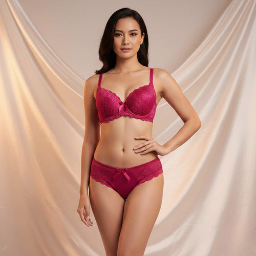 CareCove Luxury Lace Bra & High-Waist Panty Set – Deep Pink