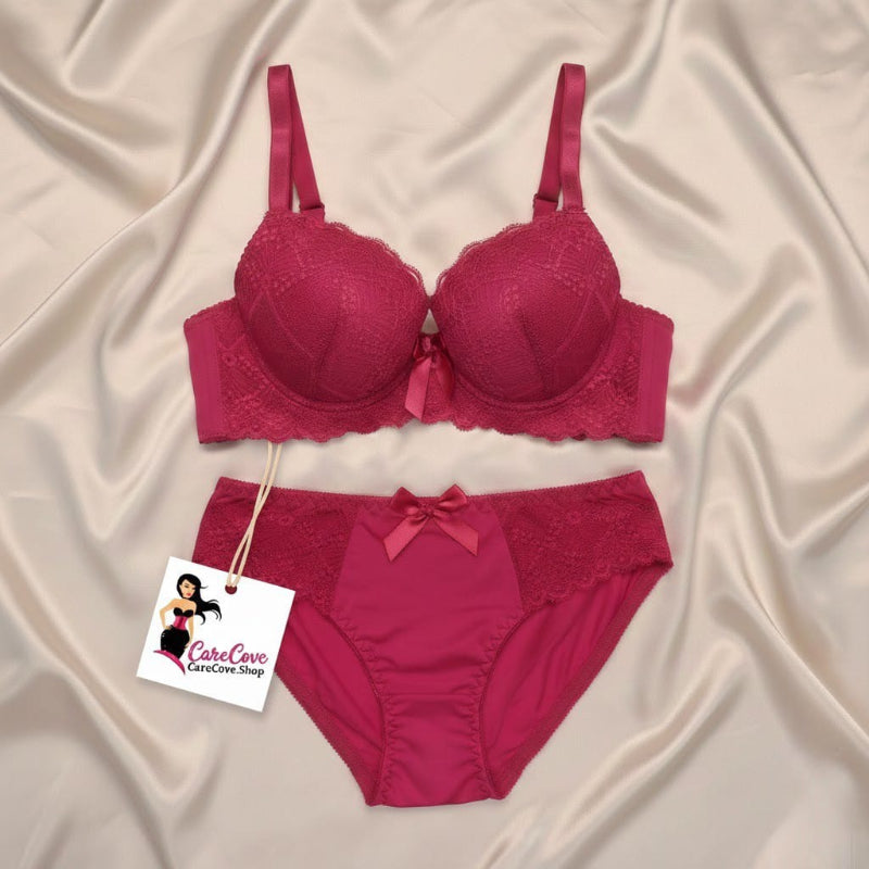 CareCove Luxury Lace Bra & High-Waist Panty Set – Deep Pink