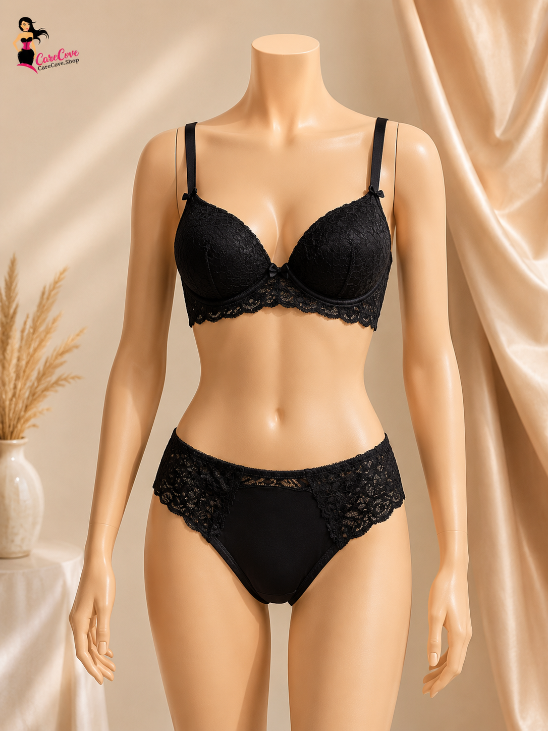 CareCove Classic Black Luxury Lace Bra Panty Set – Elegant & Comfortable Fit