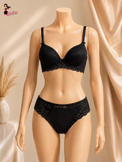 CareCove Classic Black Luxury Lace Bra Panty Set – Elegant & Comfortable Fit