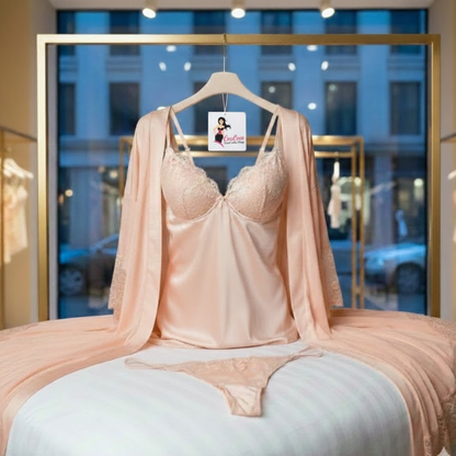 Carecove Premium Satin Lace Babydoll with Robe & Panty – Romantic Nightwear Set