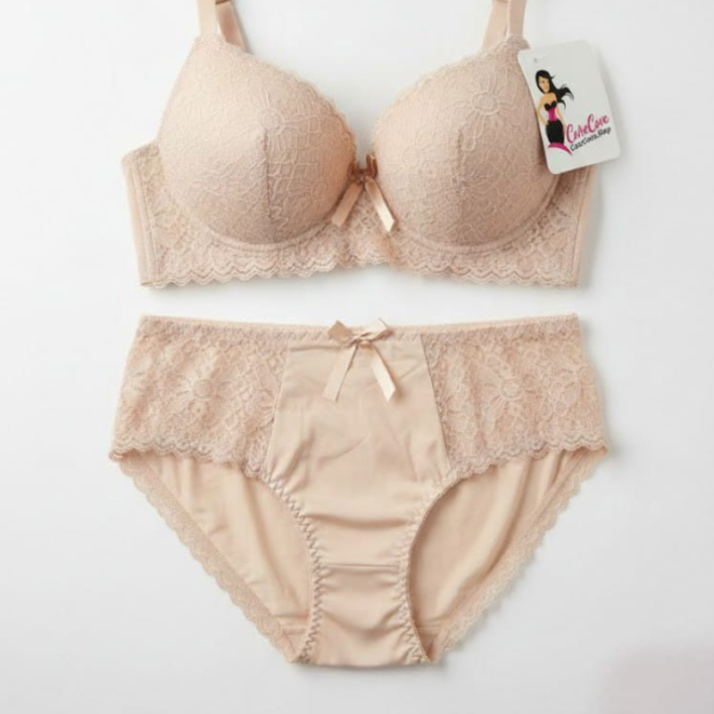 CareCove Women’s  Lace Padded Bra & Underwear Set – Soft, Comfortable & Elegant-Nude Beige