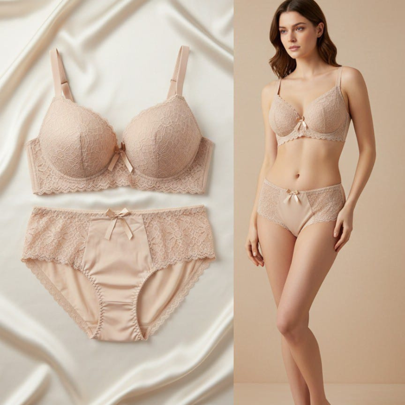 CareCove Women’s  Lace Padded Bra & Underwear Set – Soft, Comfortable & Elegant-Nude Beige