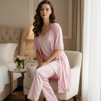 CareCove 3 Pcs Pink Lace Nightwear Set – Robe, Inner & Pajama
