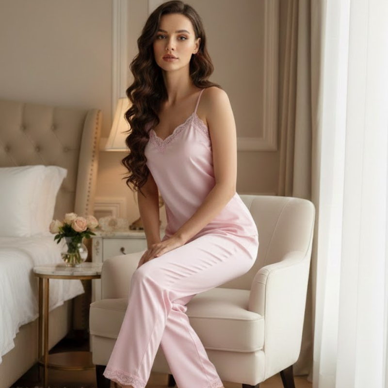 CareCove 3 Pcs Pink Lace Nightwear Set – Robe, Inner & Pajama