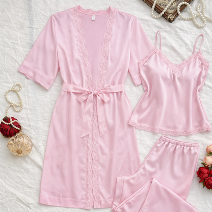 CareCove 3 Pcs Pink Lace Nightwear Set – Robe, Inner & Pajama