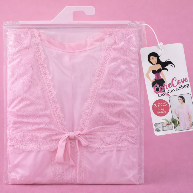 CareCove 3 Pcs Pink Lace Nightwear Set – Robe, Inner & Pajama
