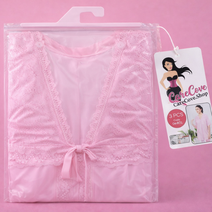 CareCove 3 Pcs Pink Lace Nightwear Set – Robe, Inner & Pajama