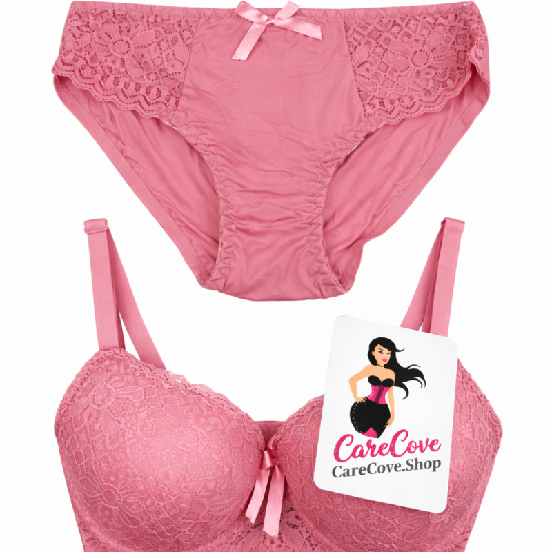 CareCove Premium Pink Lace Bra & Panty Set – Soft Net, Padded Cups