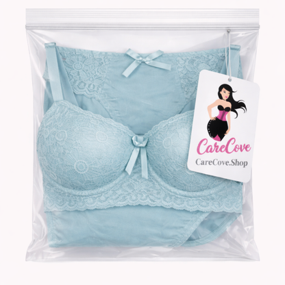 CareCove Ice Blue Floral Lace Bra Set