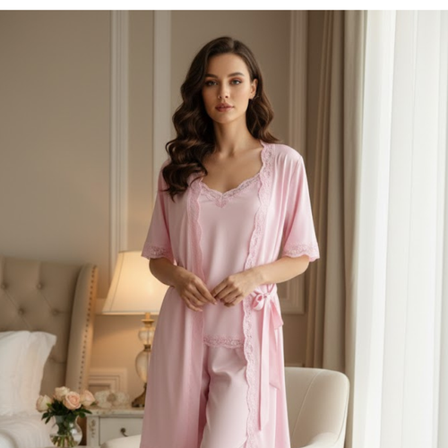CareCove 3 Pcs Pink Lace Nightwear Set – Robe, Inner & Pajama