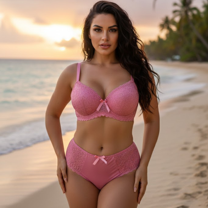 CareCove Premium Pink Lace Bra & Panty Set – Soft Net, Padded Cups