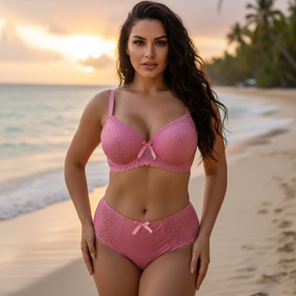CareCove Premium Pink Lace Bra & Panty Set – Soft Net, Padded Cups