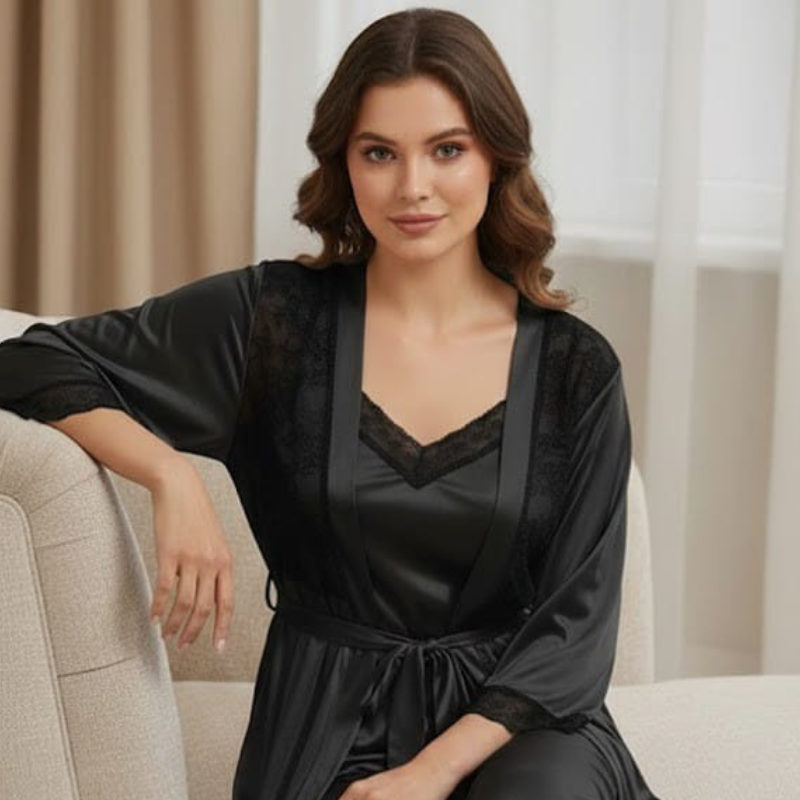 CareCove Black Satin Luxury Nightwear Set (3-Piece)